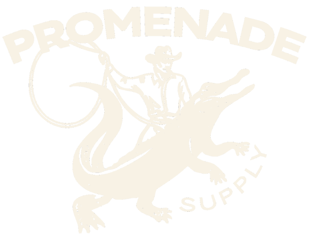 Logo with the text 'Promenade Supply' featuring a stylized cowboy riding an alligator